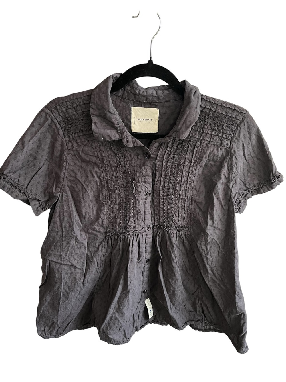 Lucky Brand Lot of 2 Blouses Tops Dark Grey Baby Doll Olive Button Up Large - Picture 2 of 10
